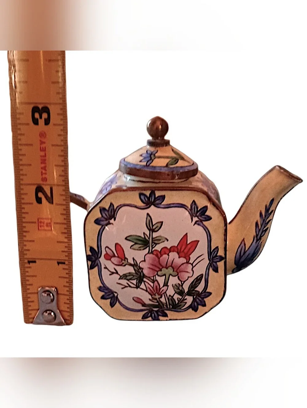 Vtg MINI Enameled Floral Teapot Chinoiserie Cloisonne Bloomcore Cottage Diorama